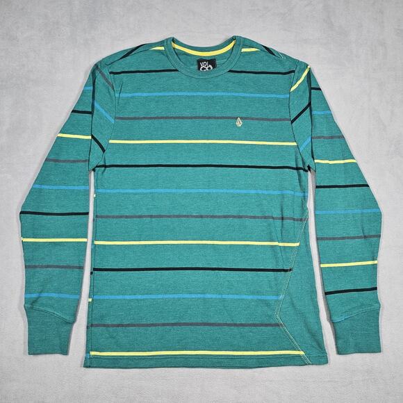 Volcom Shirt Mens XL Green Thermal Waffle Knit Striped Y2K Spellout Skater Y2K - Picture 1 of 11